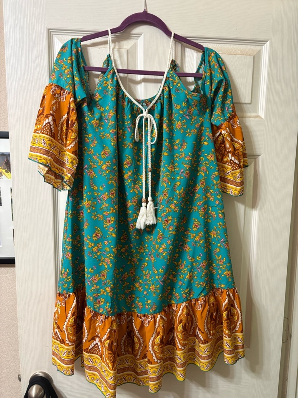 Turquoise Floral Boho Dress with Mustard Border